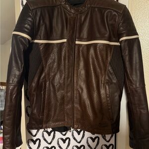 Women's Brown Leather Jacket with Cream Accents